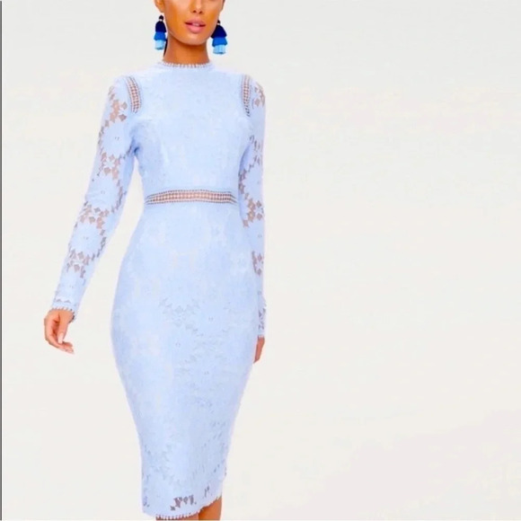 -Pretty Little Thing NWT Dusty Blue Long Sleeve Lace Bodycon Dress Size 6 🩵 - Picture 1 of 13